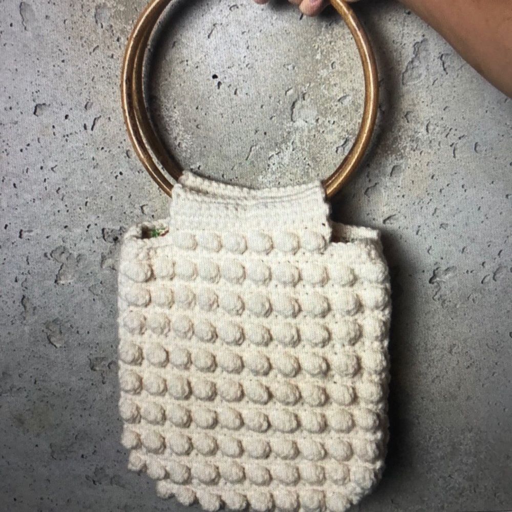 Vintage 70s Pom Pom sweater purse wooden handles